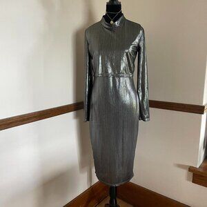 Metallic Silver Bodycon Midi Dress Y2K Futuristic Holiday Party L